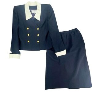 Kasper A.S.L. Petite Skirt Suit Set Navy‎ Blue Cream White Career Women's